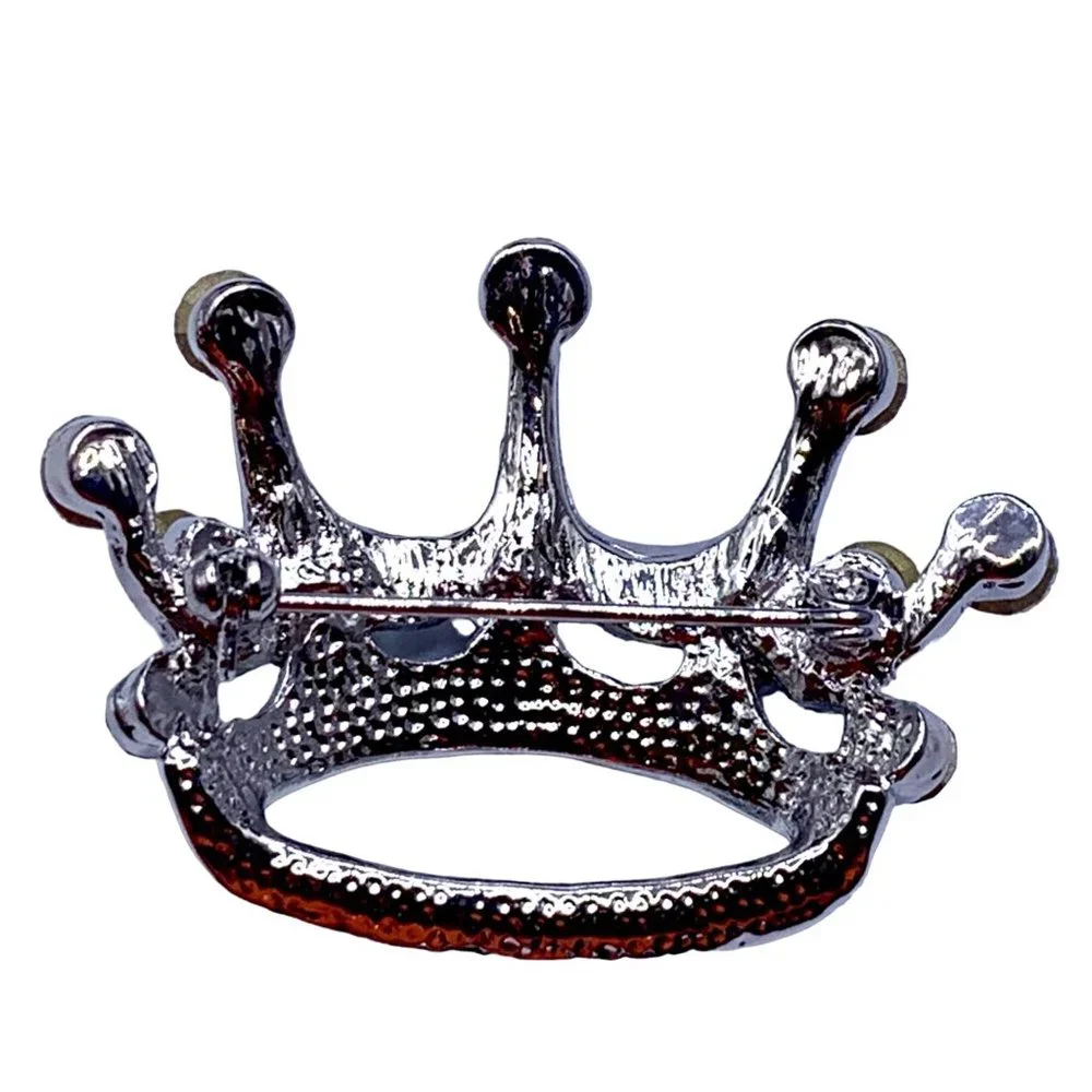 Vintage Style Princess Crown Brooch Pin Aurora Borealis Rhinestones Silver Tone - Picture 6 of 7